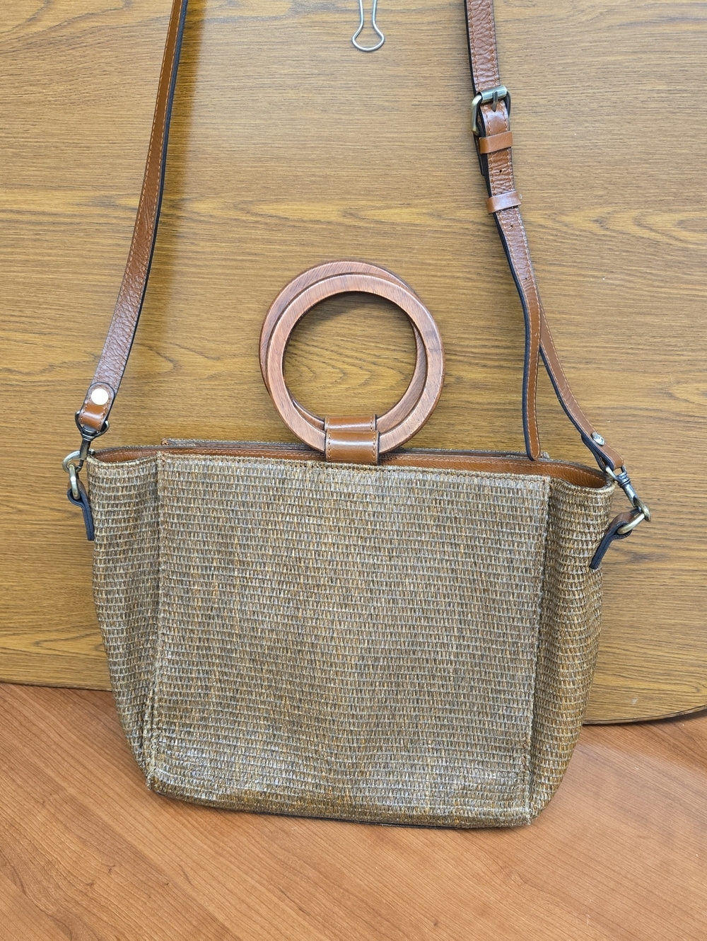 Patricia Nash Tan Woven Crossbody with Wooden Ring Handle